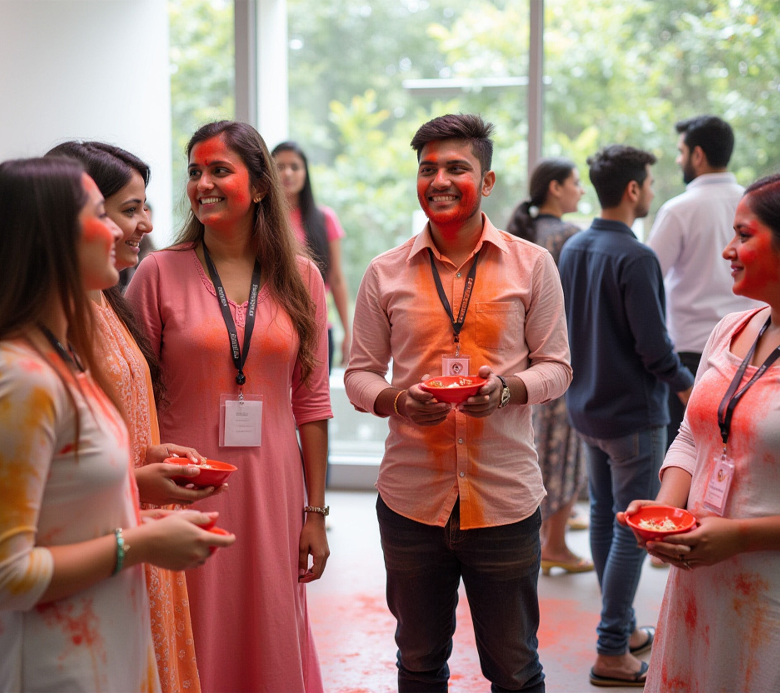 A group of young professionals celebrate Holi indoors, smiling and holding plates of colored powder with festive colors on their faces.